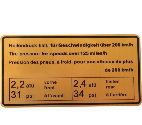Panneau adhésif pression des pneus pour PORSCHE 911 F 912 autocollant 200 km/h
